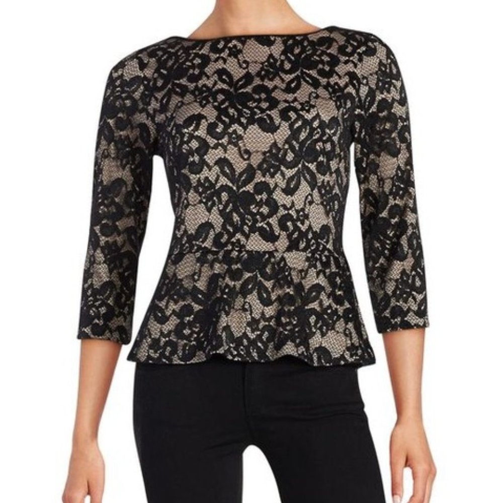 Ivanka Trump Black Lace Long Sleeve Peplum Top Size S